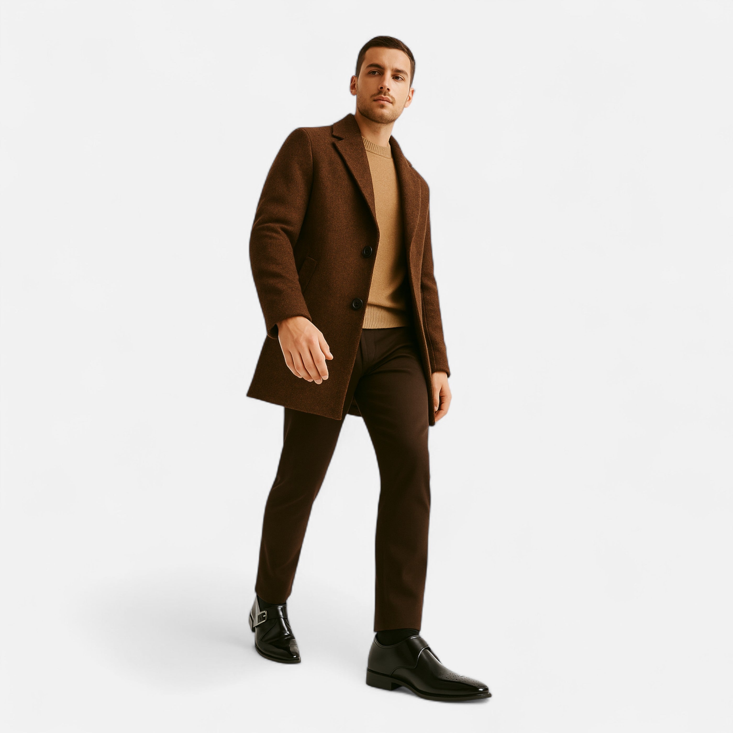 Man wearing a brown suit on a white background