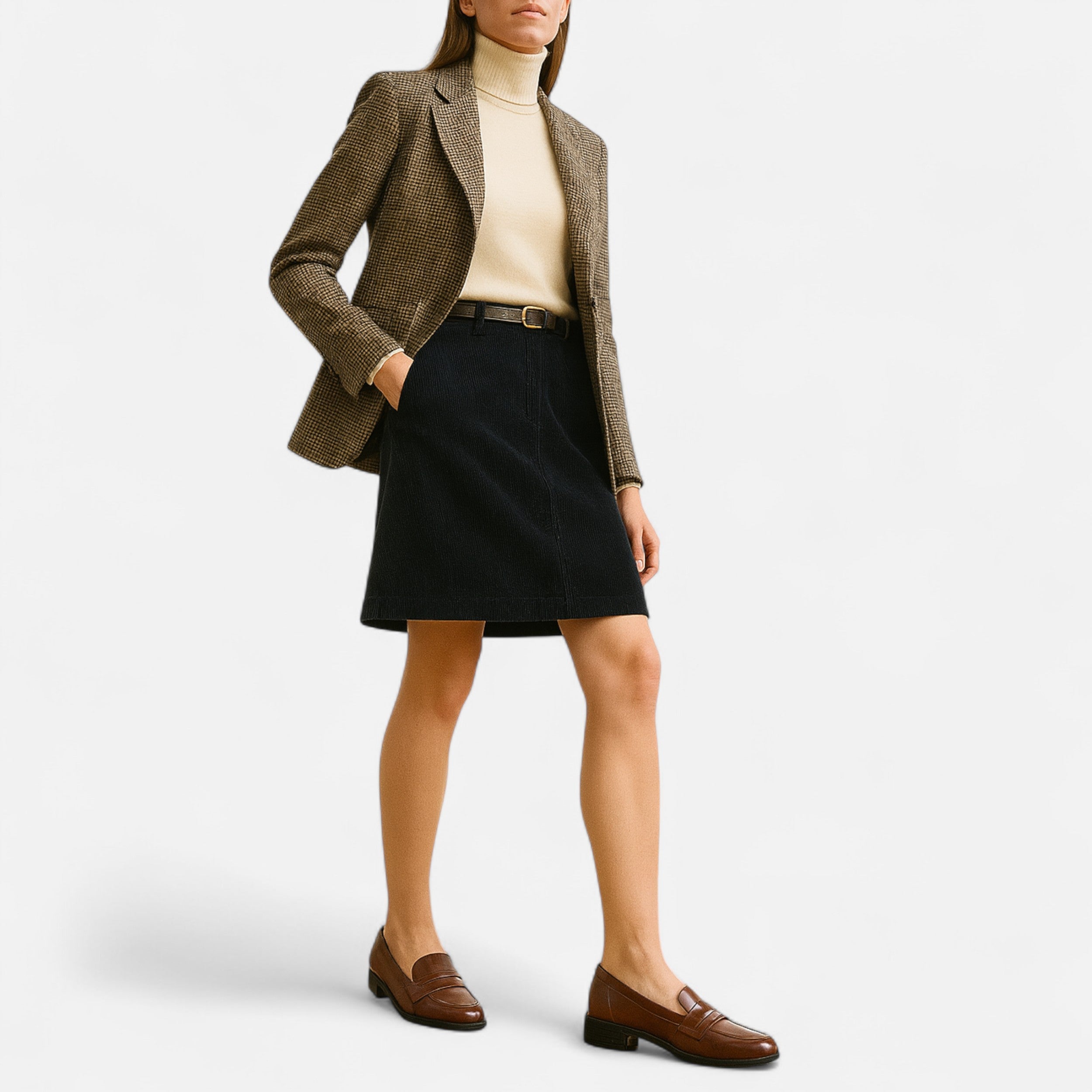 Person wearing a brown blazer, beige turtleneck, black skirt, and brown shoes on a white background