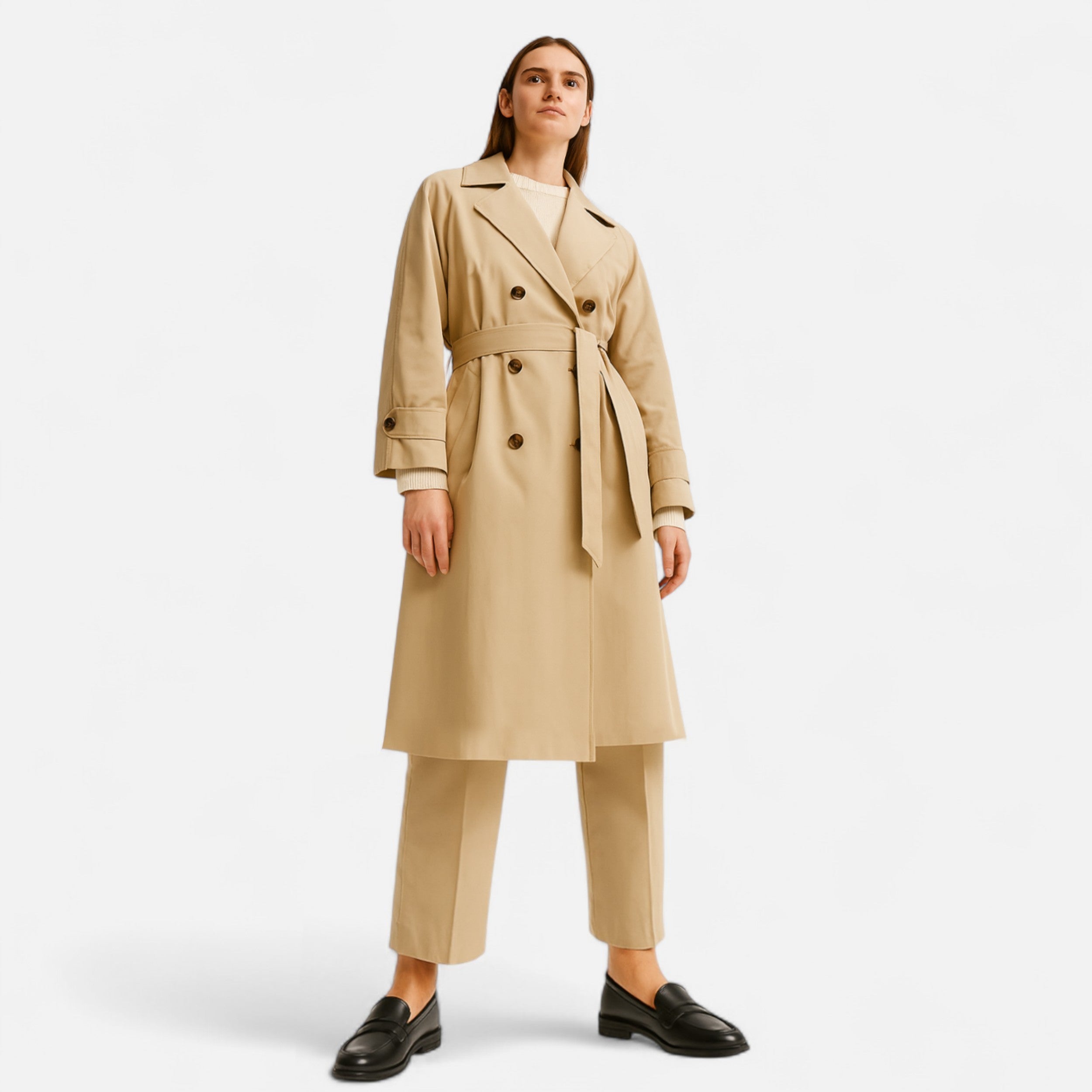 Woman wearing a beige trench coat on a white background