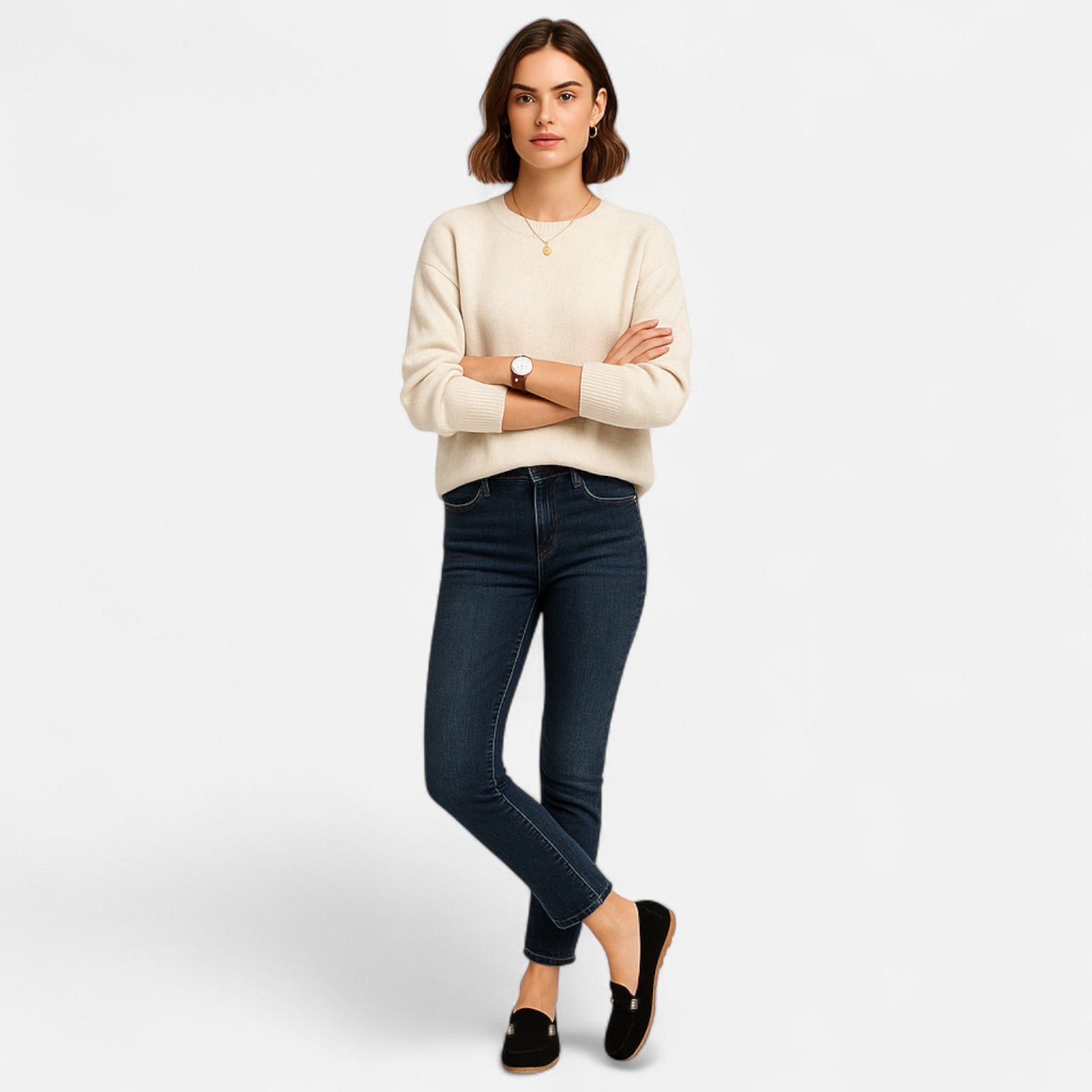Woman wearing a beige sweater and dark jeans on a white background