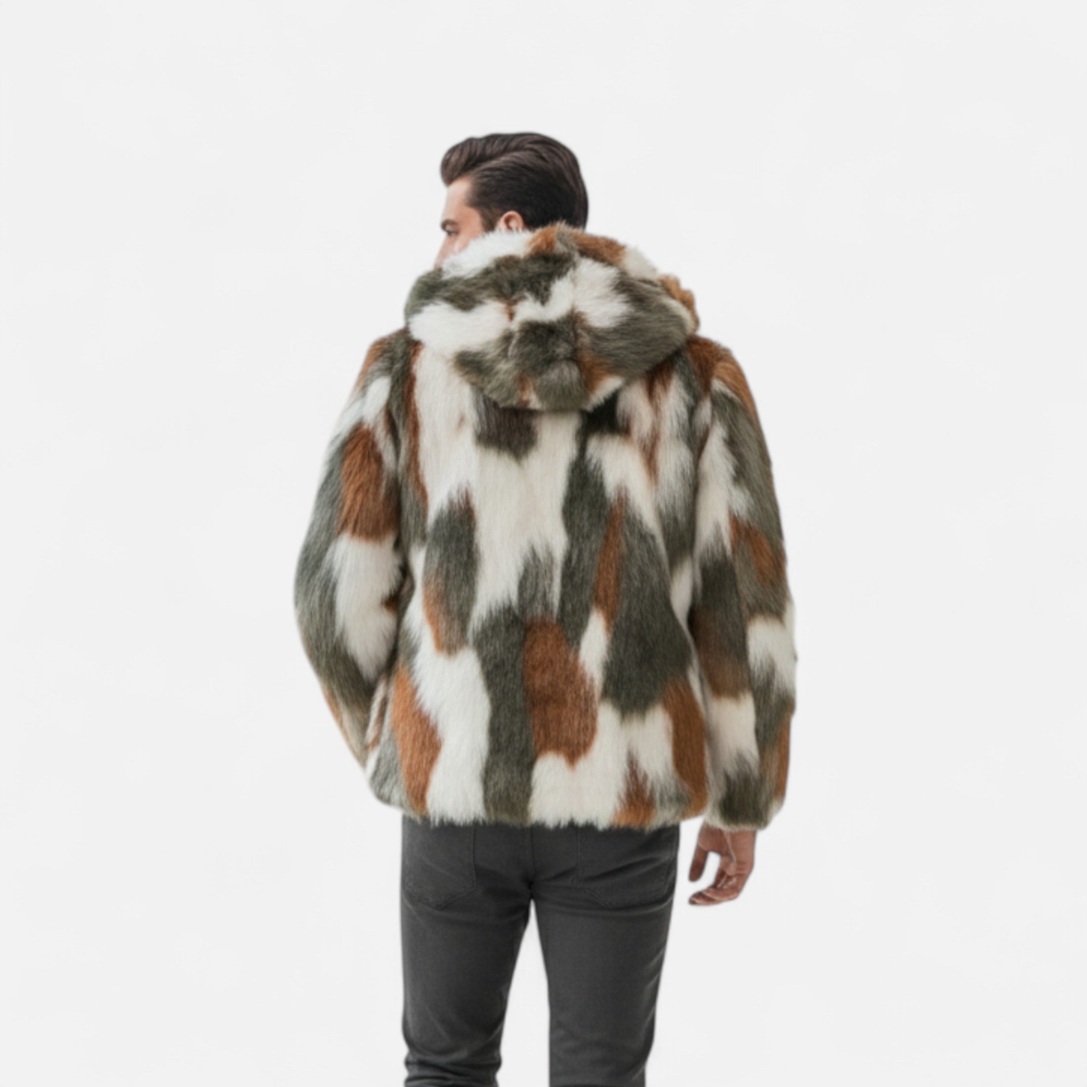 Person wearing a multicolored fur coat on a white background