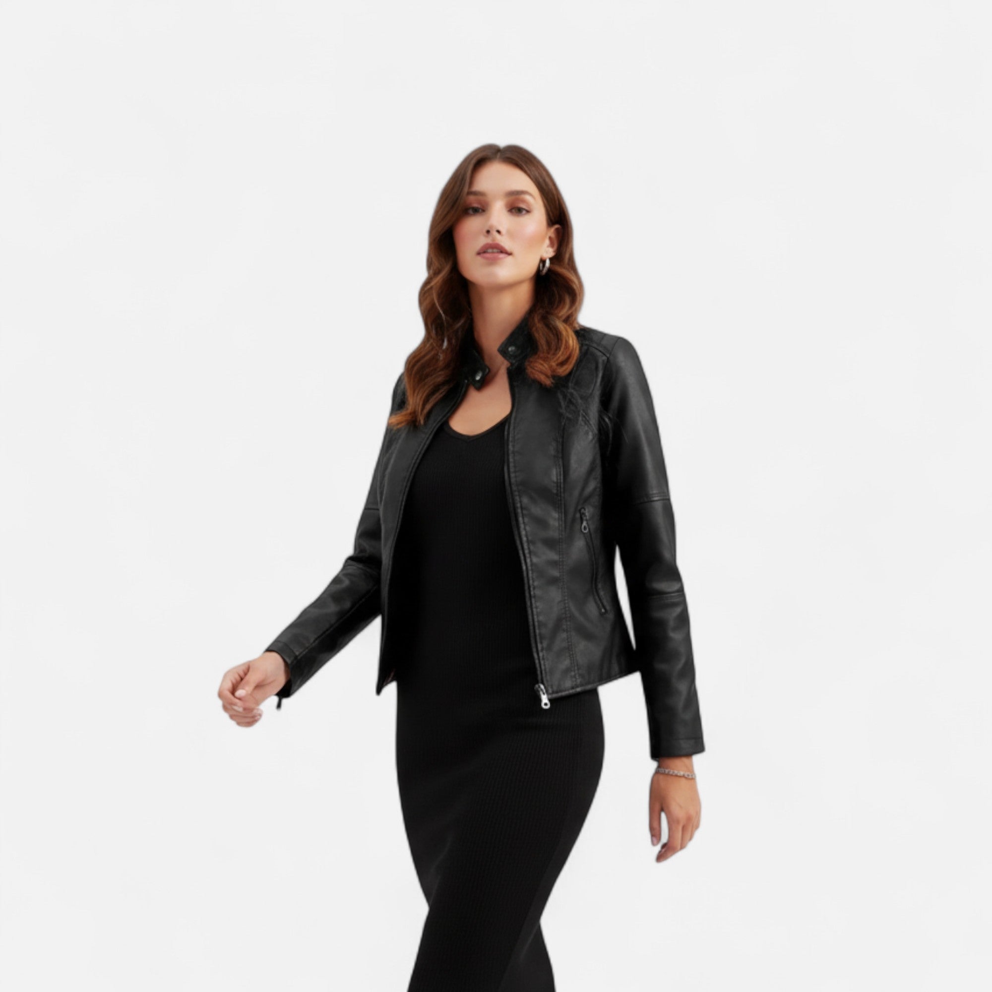 Woman wearing a black leather jacket on a white background