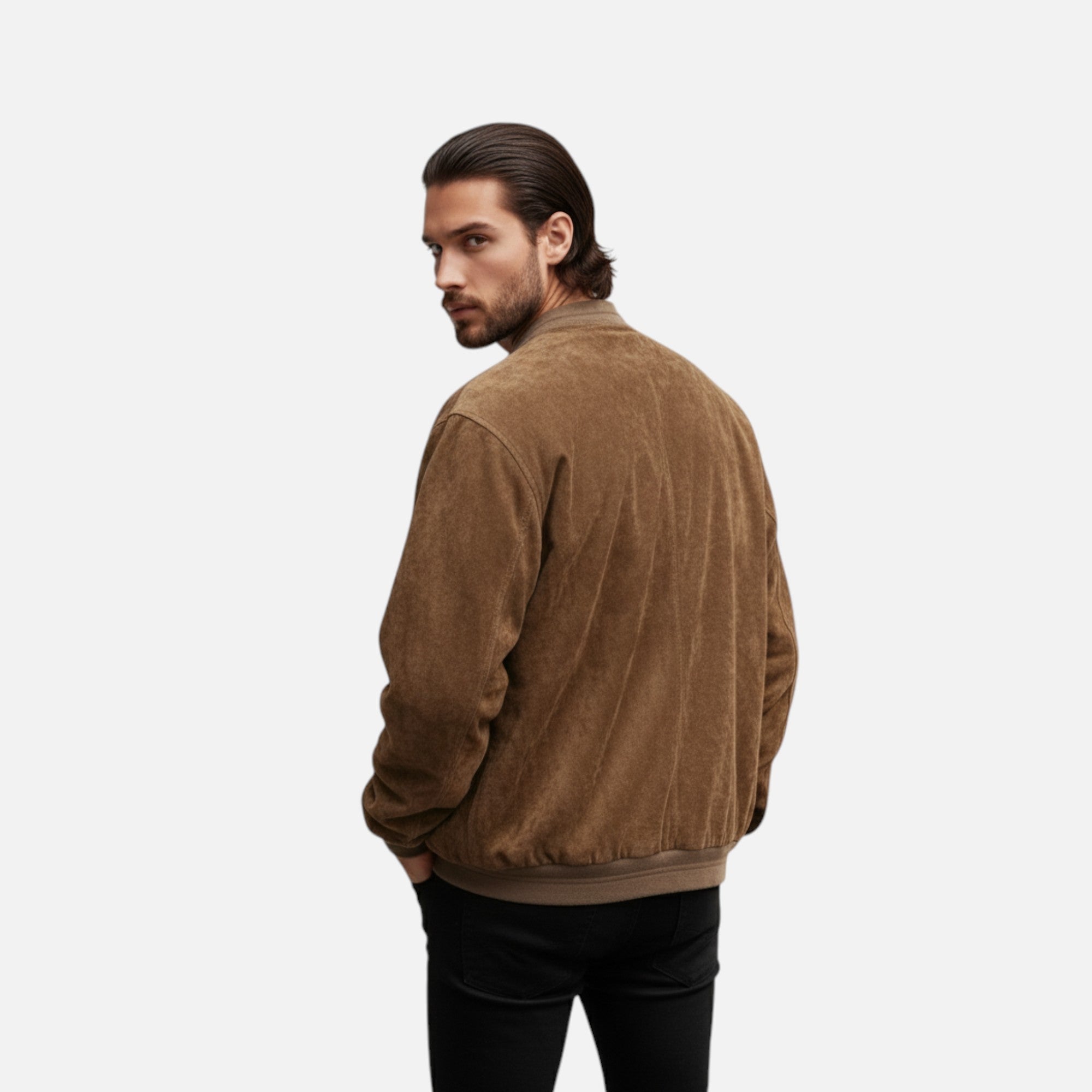 Man wearing a brown jacket on a white background