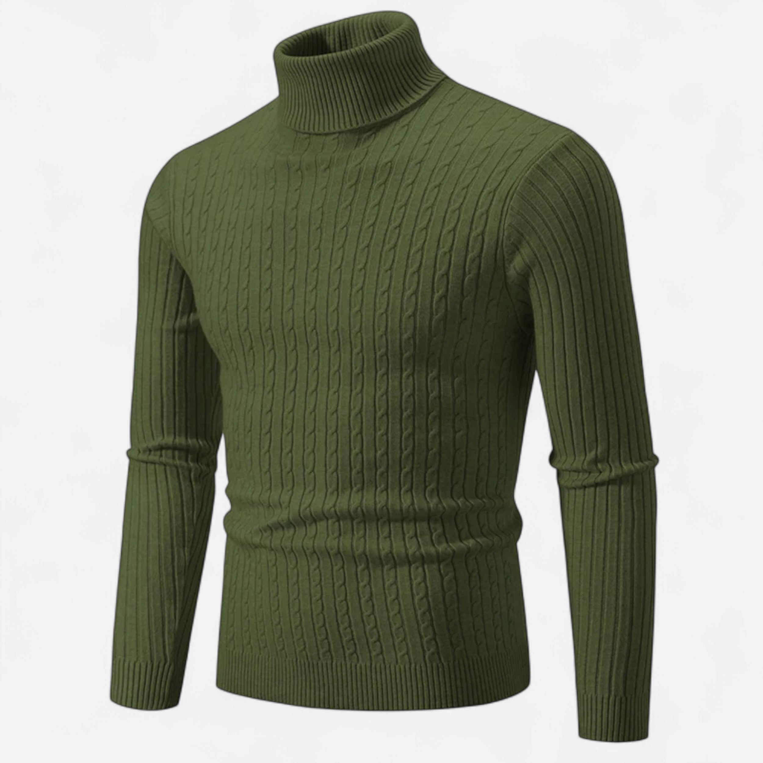 Green turtleneck sweater on a white background