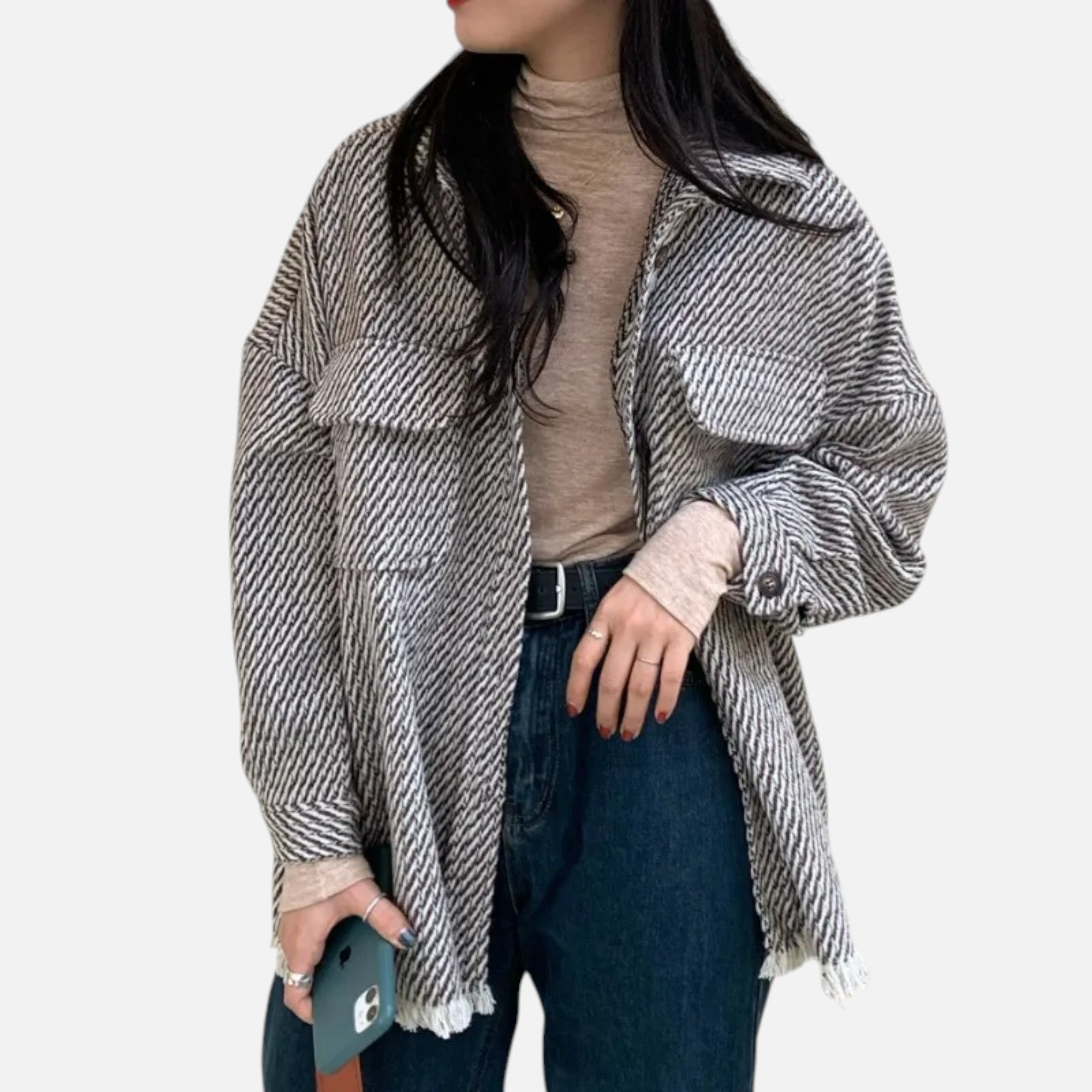 Old Ventuno | Women’s Woollen Jacket – Grid Polo Collar Elegance