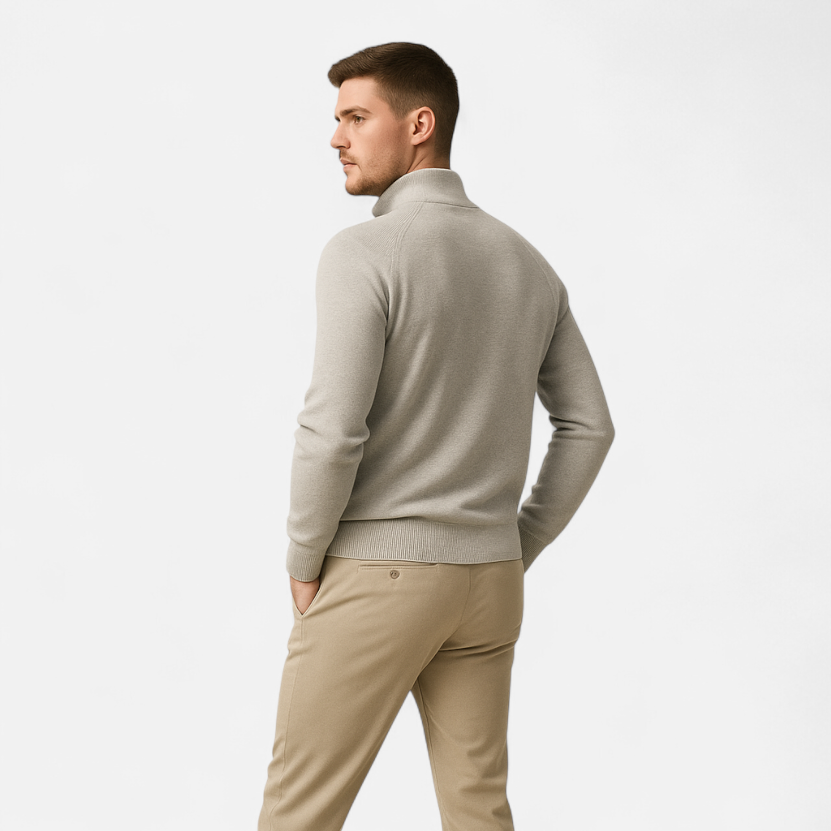 Man wearing a beige sweater and pants on a white background