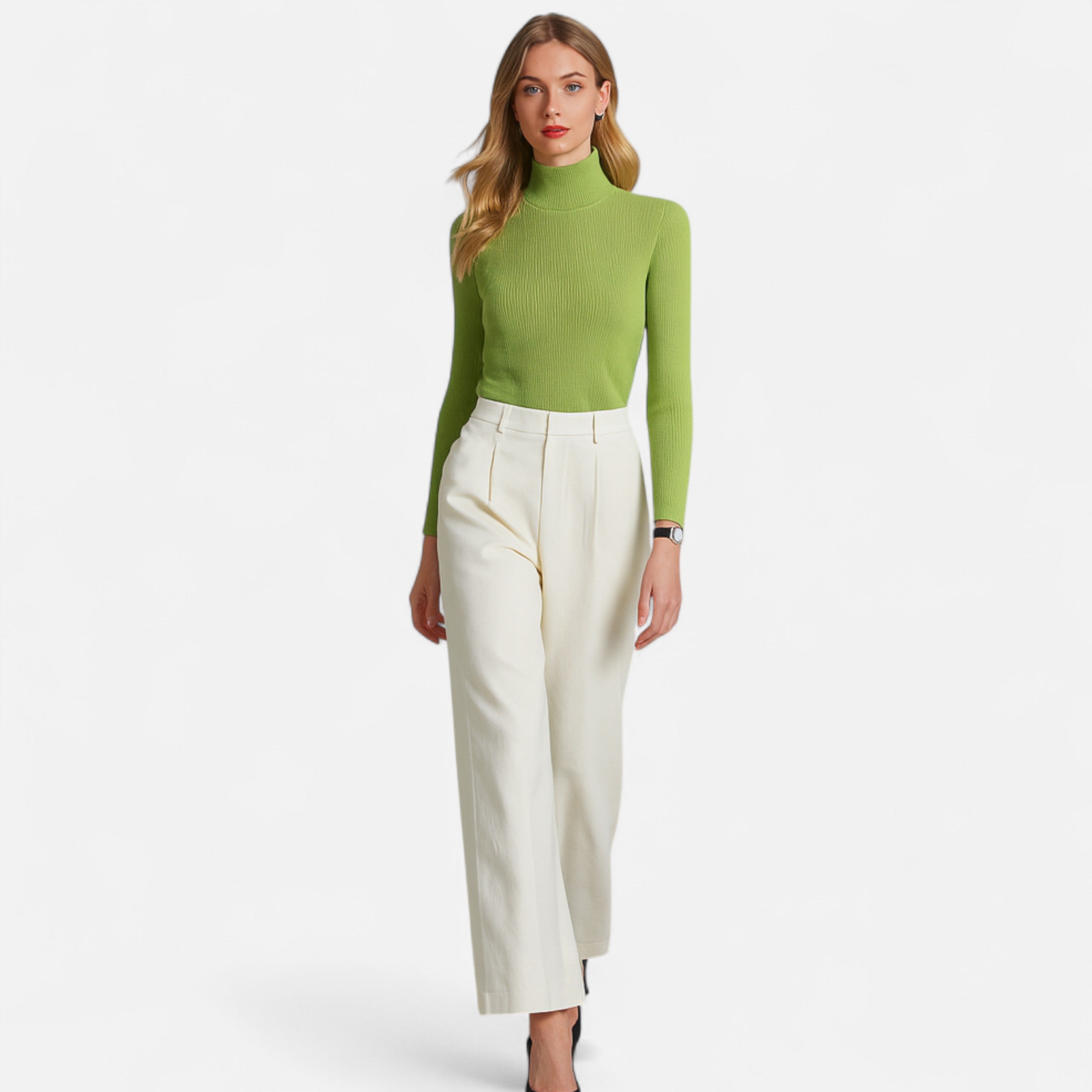 Woman wearing a green sweater and white pants on a white background