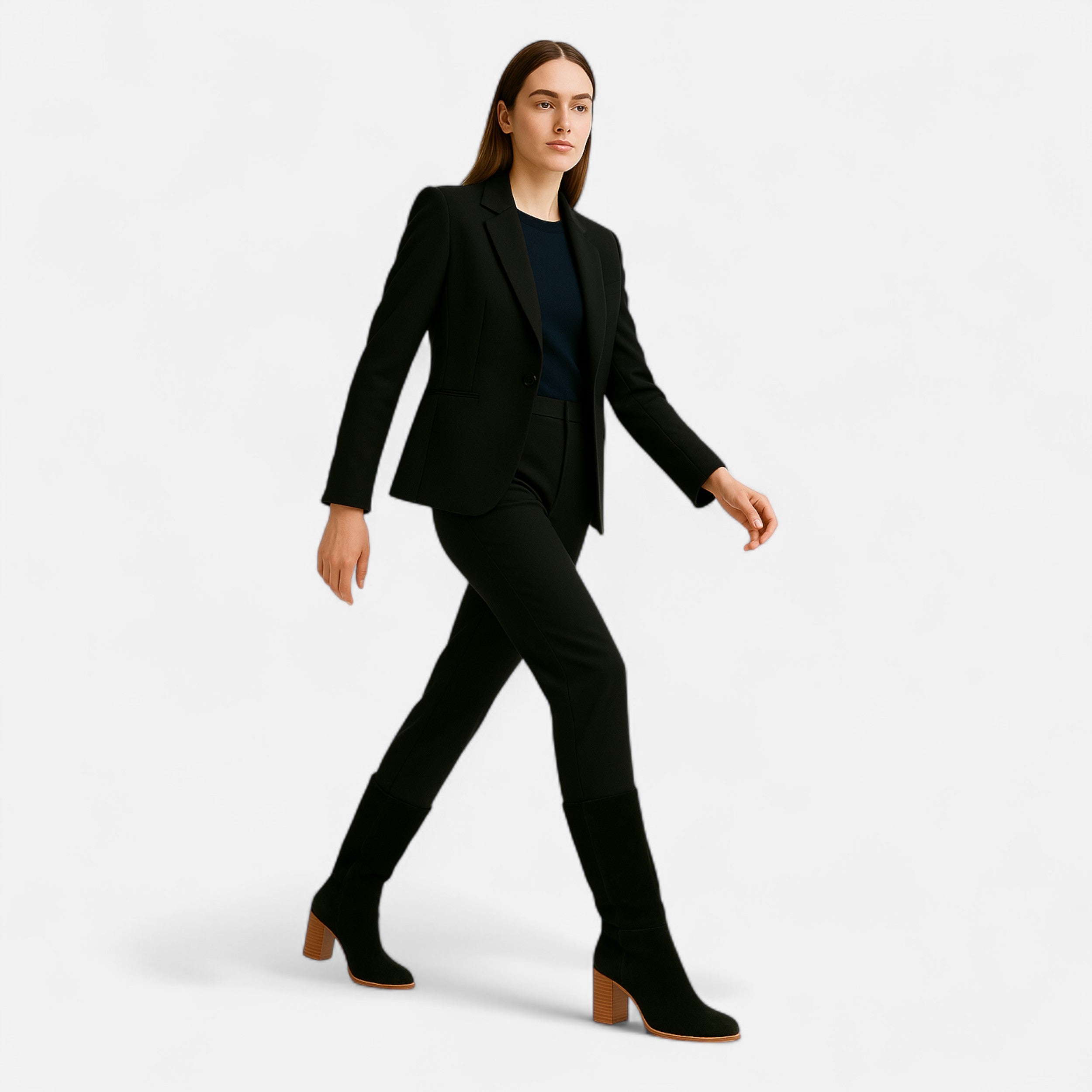 Person wearing a black suit with a white background