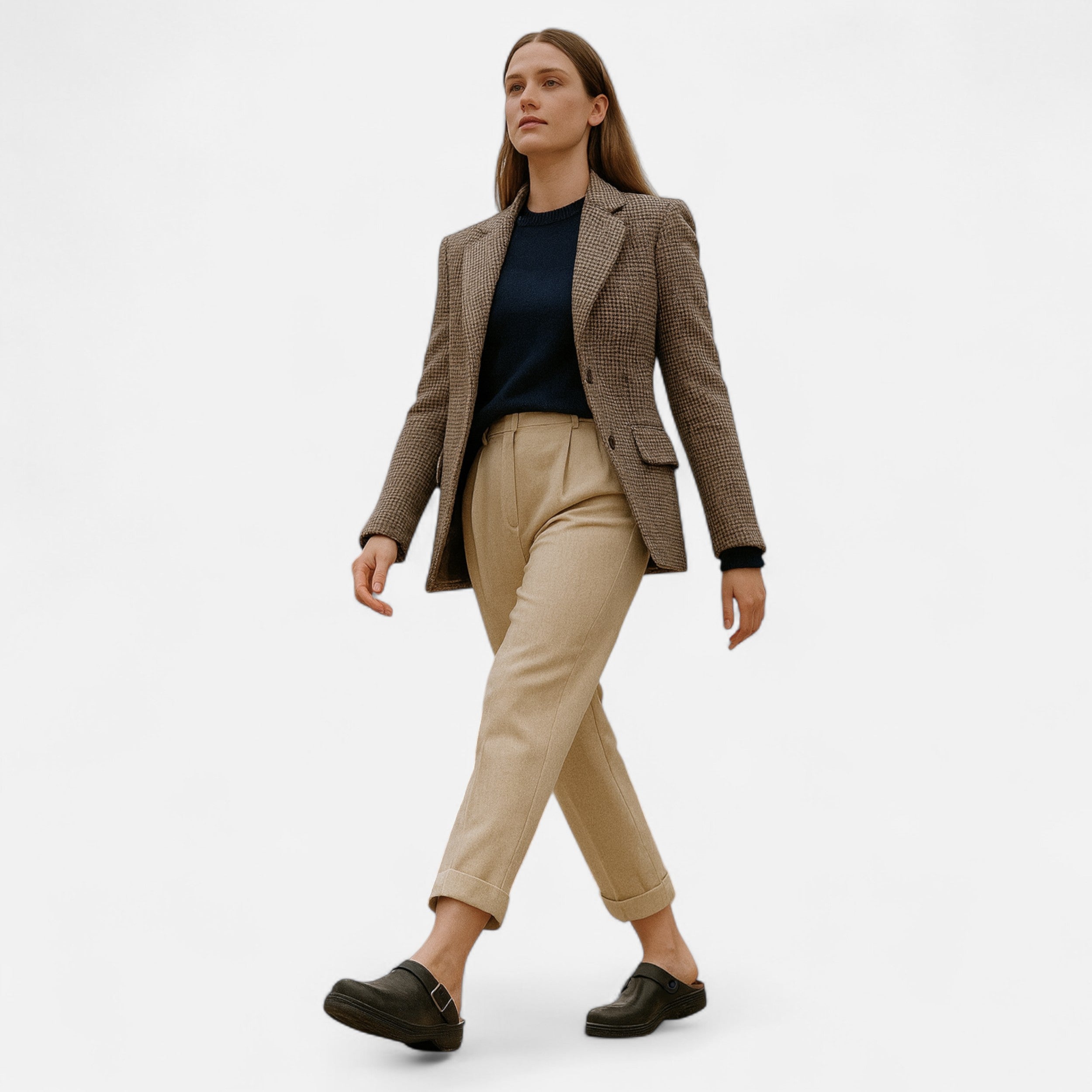 Woman wearing a brown blazer, black top, beige pants, and dark shoes on a white background