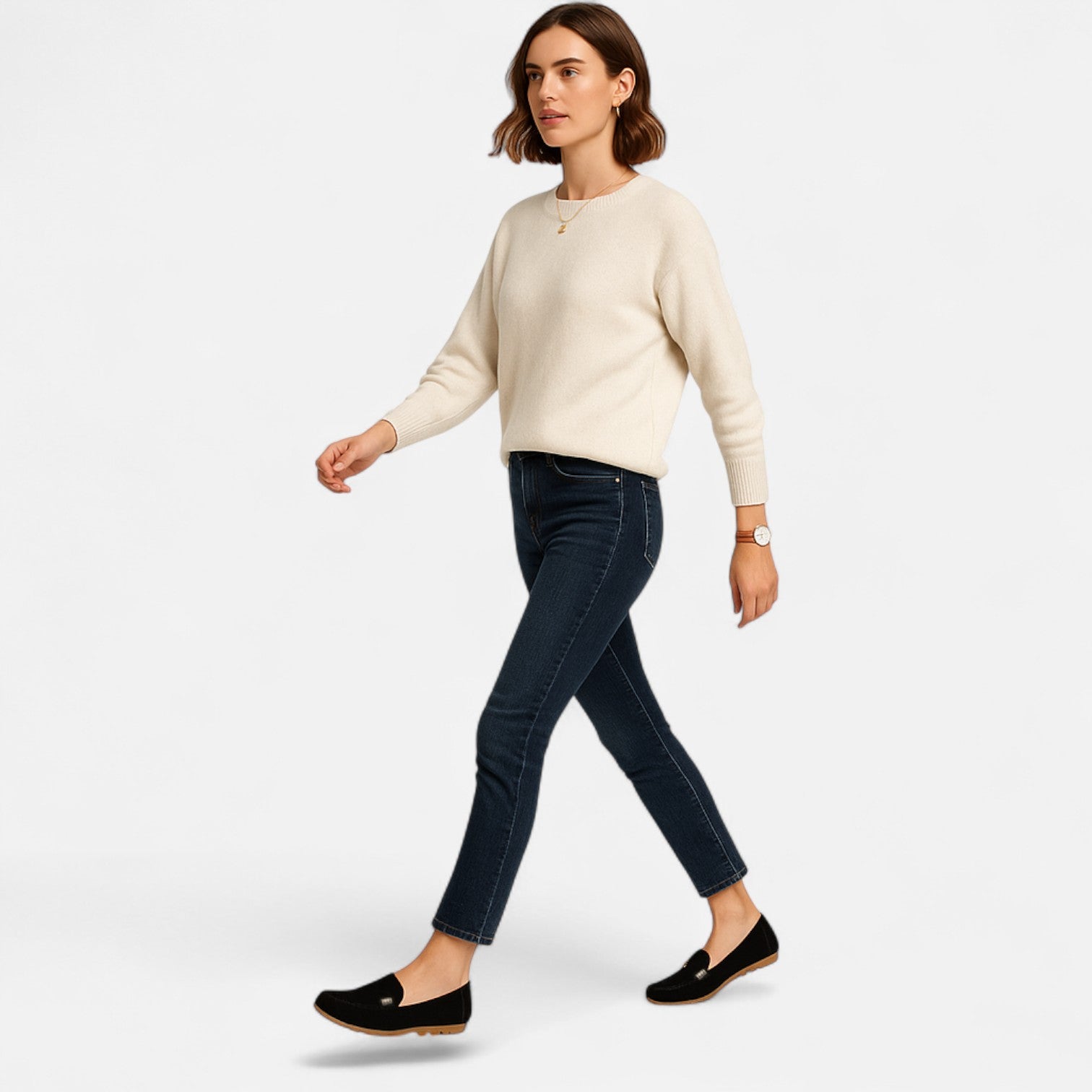 Woman wearing a cream sweater and dark jeans on a white background
