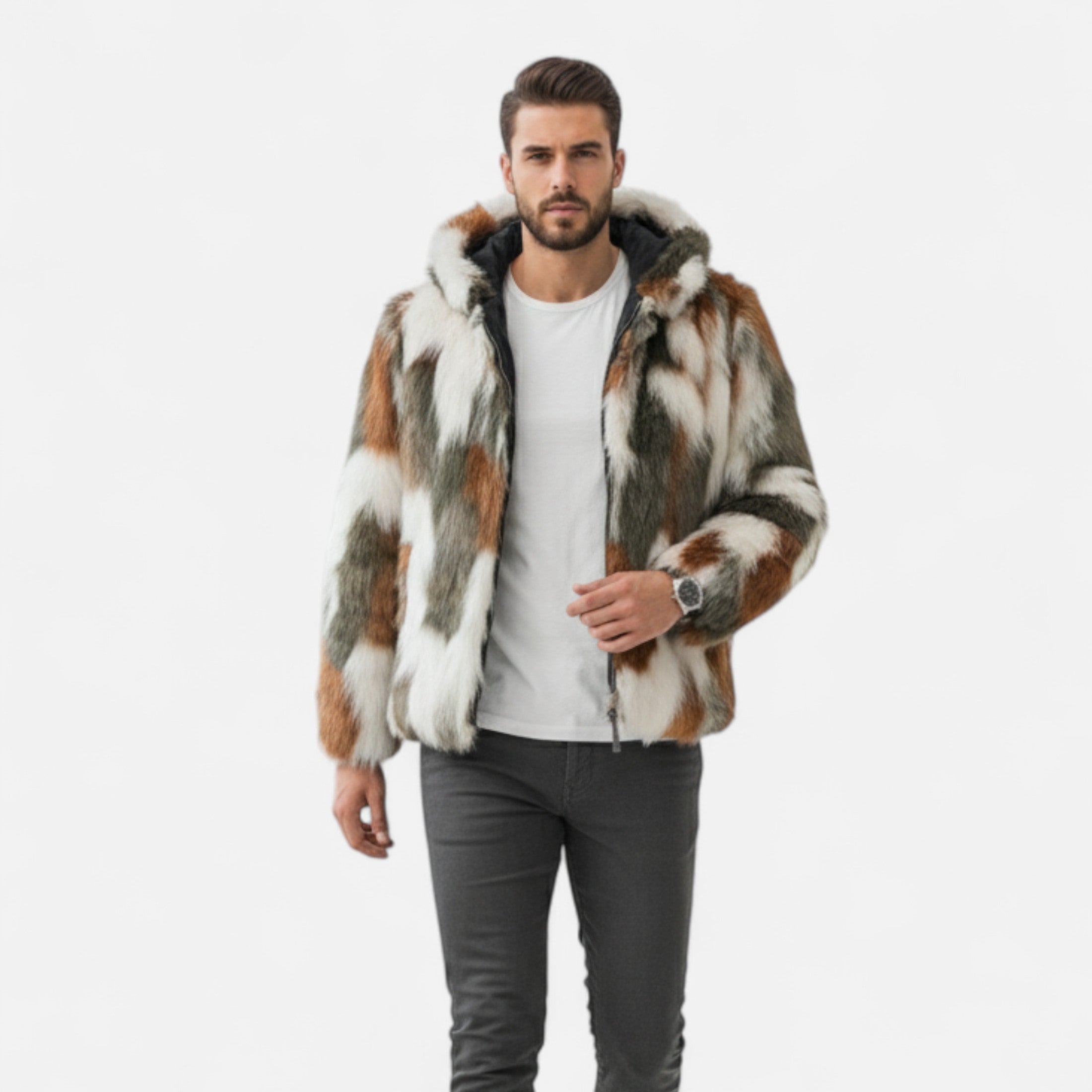 Man wearing a patterned fur coat on a white background