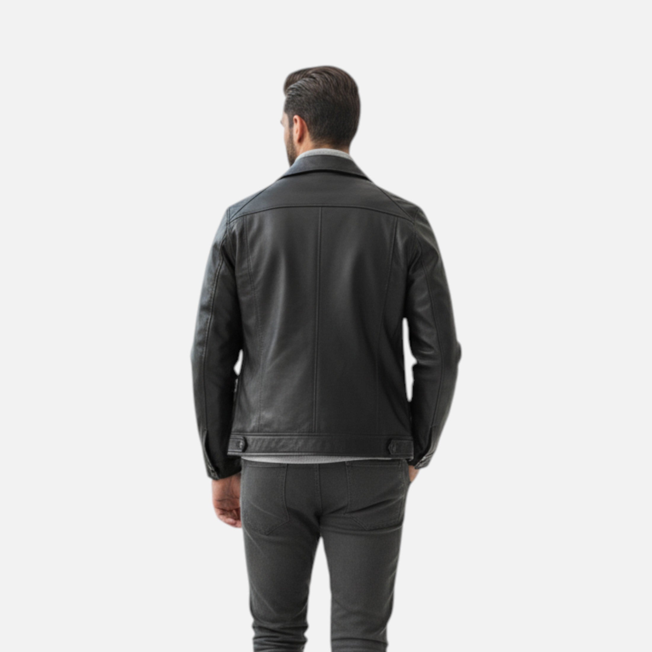 Man wearing a black leather jacket on a white background