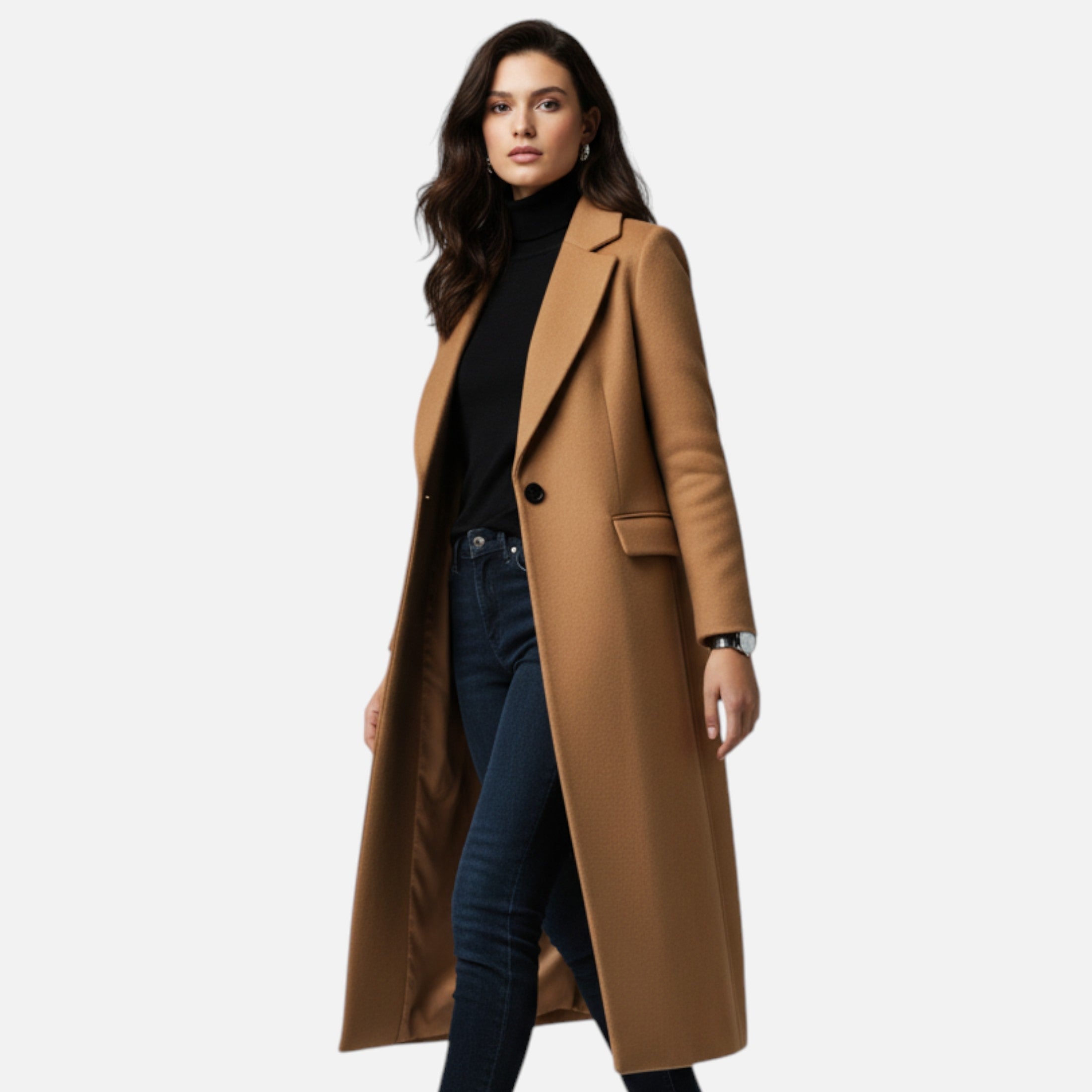 Woman wearing a long brown coat on a white background