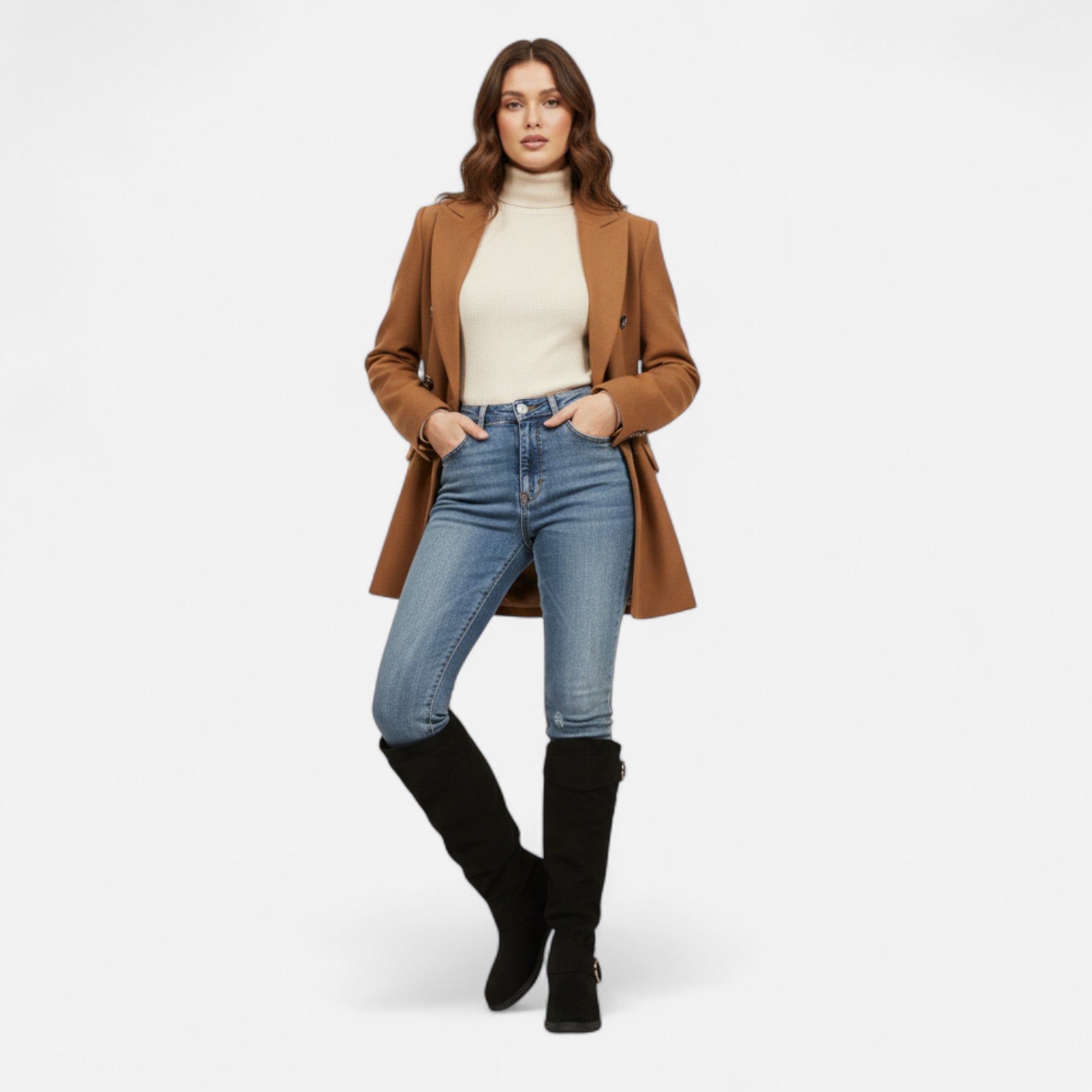 Woman wearing a brown coat, beige sweater, blue jeans, and black boots on a white background