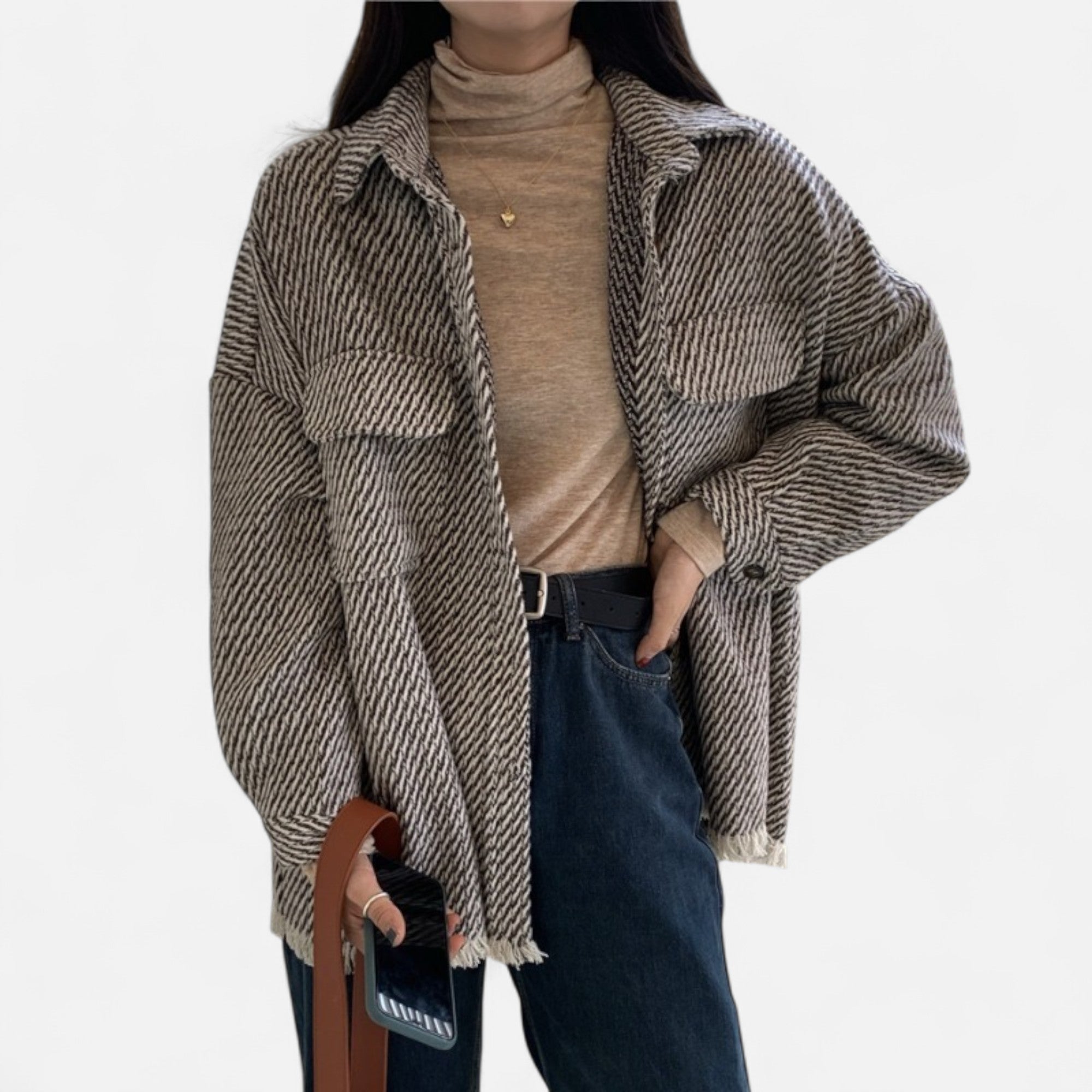 Old Ventuno | Women’s Woollen Jacket – Grid Polo Collar Elegance