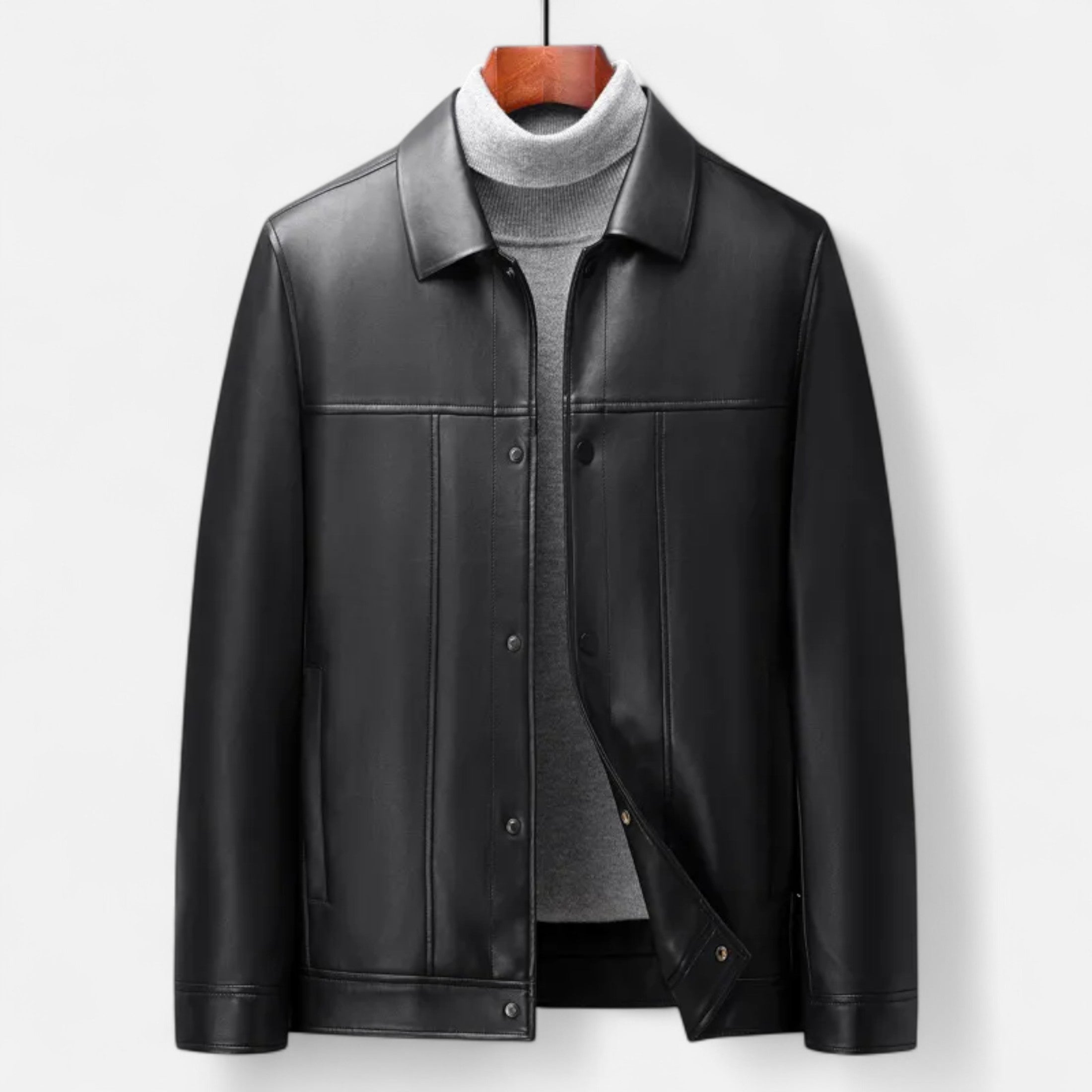Old Ventuno | Men’s Polo Leather Coat – Classic Straight-Hem Design