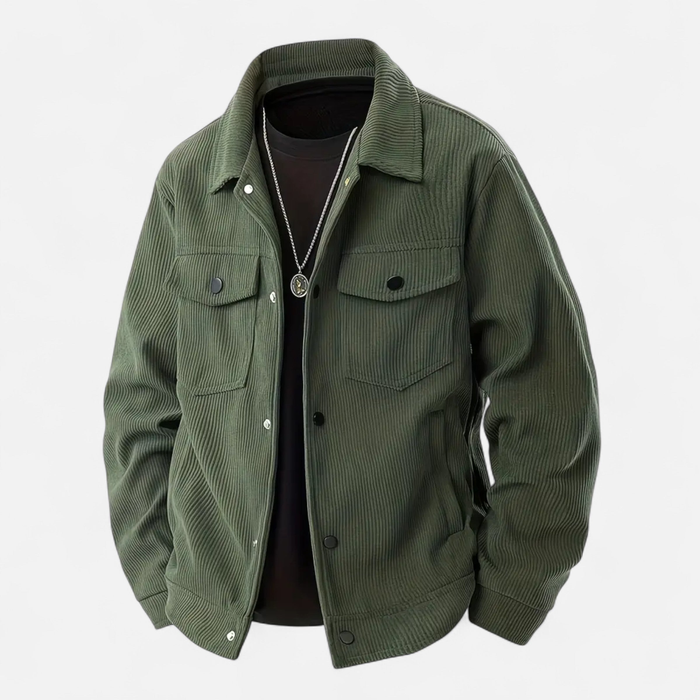 Green corduroy jacket on a light gray background