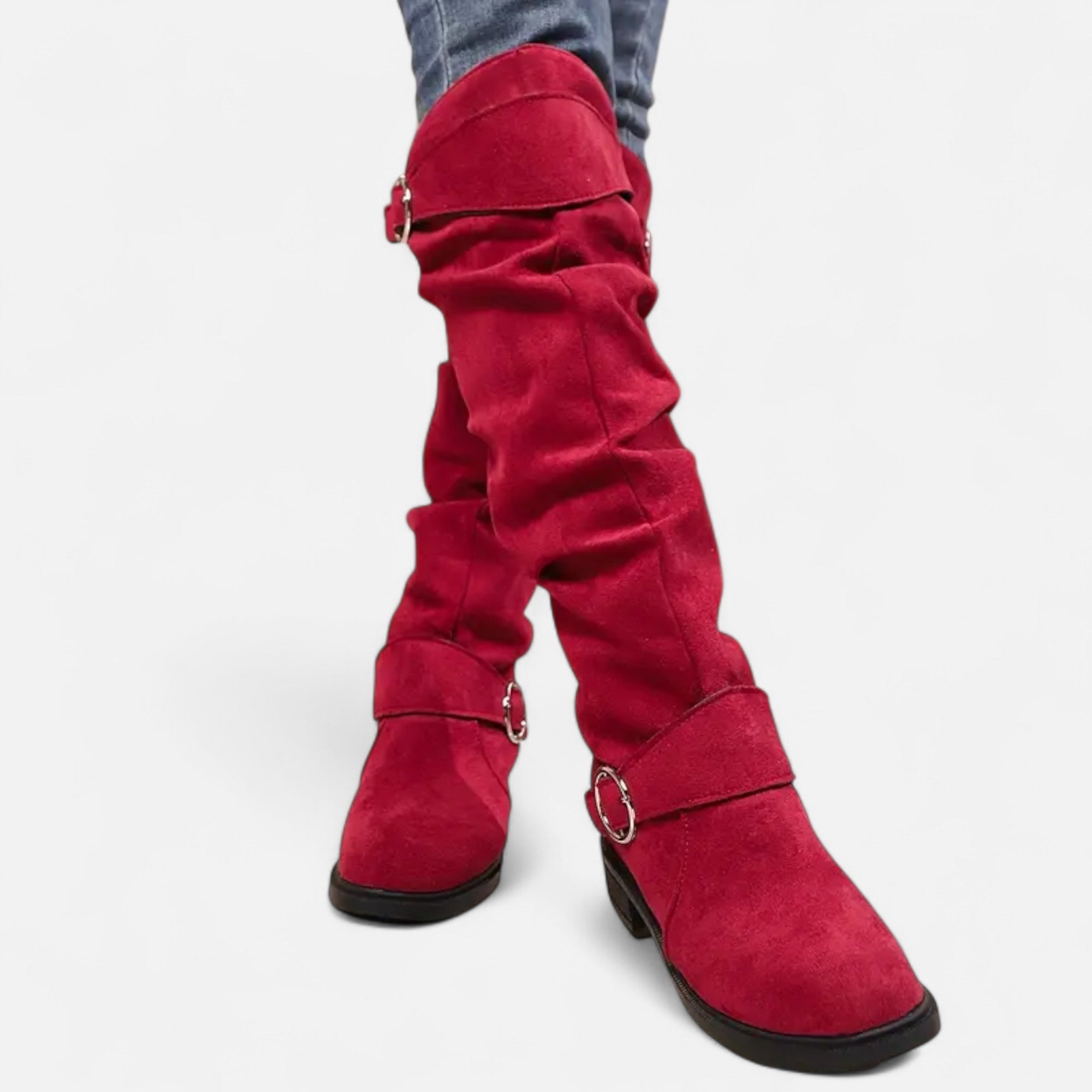 Old Ventuno | Women’s Knee-High Boots – Buckle Belt Elegance